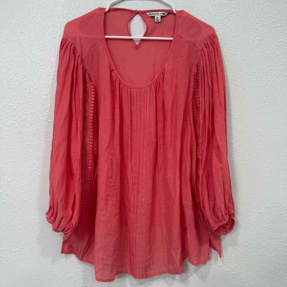 Zac & Rachel Woman Coral Pink Crochet Lace‎ Pintuck Peasant Blouse 3X Boho Top